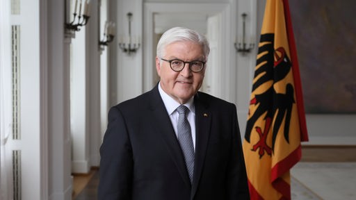 Bundespräsident Frank-Walter Steinmeier neben BRD-Fahne