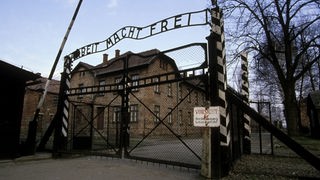 Eingangstor des ehemaligen Konzentrationslagers Ausschwitz mit Schriftzug 'Arbeit macht frei'.