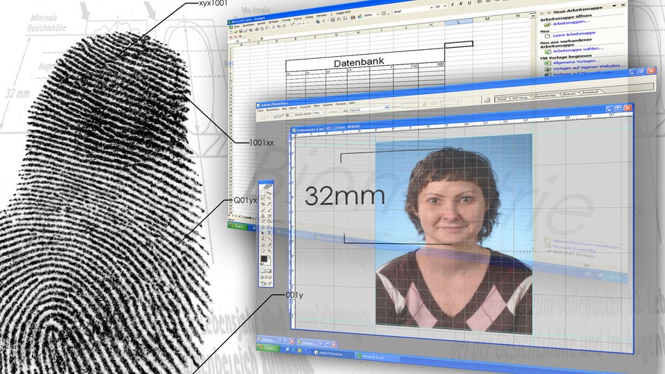 Fingerabdruck und biometrisches Foto auf einem Computerbildschirm.