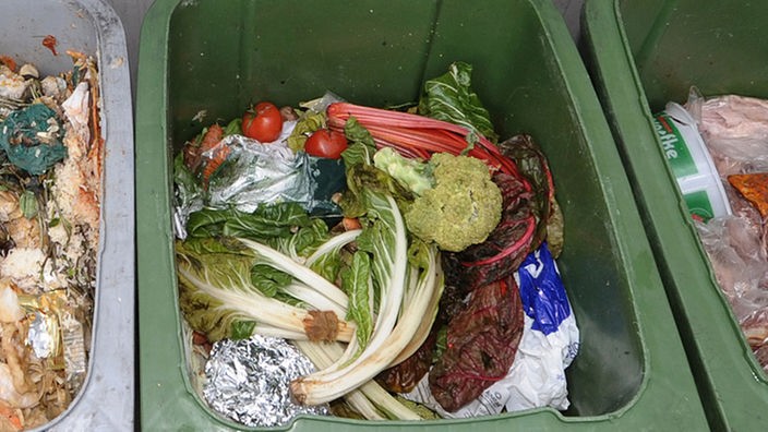 Lebensmittel liegen in geöffneter Mülltonne.