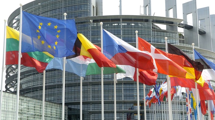 Die Europaflagge und Flaggen verschiedener EU-Mitgliedsländer wehen vor dem Gebäude des Europaparlaments in Straßburg