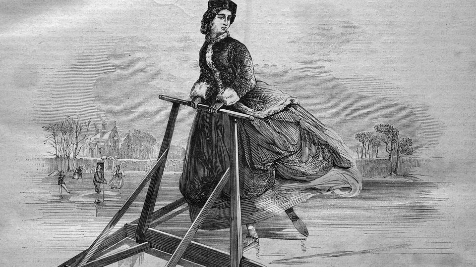 Zeichnung von 1869 in schwarz-weiß: Frau in langem Kleid stütz sich beim Schlittschuhfahren auf ein Holzgestell.