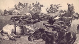 Schwarz-weißes Bild einer Kampfszene zwischen europäischen Siedlern und Indianern.