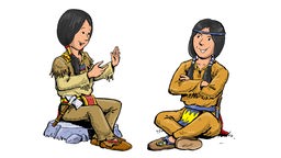 Zeichnung: Zwei Indianer unterhalten sich in Zeichensprache.