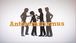 Vier Siluetten von Menschen, einer wird von den anderen bedrängt, darüber Schriftzug 'Antisemitismus'.