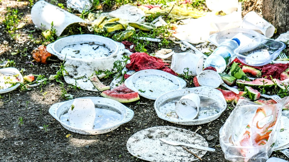 Plastikgeschirr und Essenensreste liegen in einem Park.
