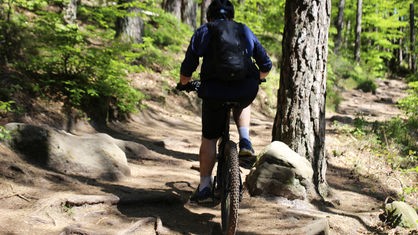 Mountainbiker befährt einen Trail im Wald. 