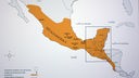 Karte zeigt Mittelamerika. Die alten Siedlungsgebiete der Maya sind gelb markiert.