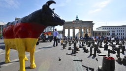 Schwarz-rot-gold angemalte Kuh-Figur steht neben Gummistiefeln vor dem Brandenburger Tor in Berlin.