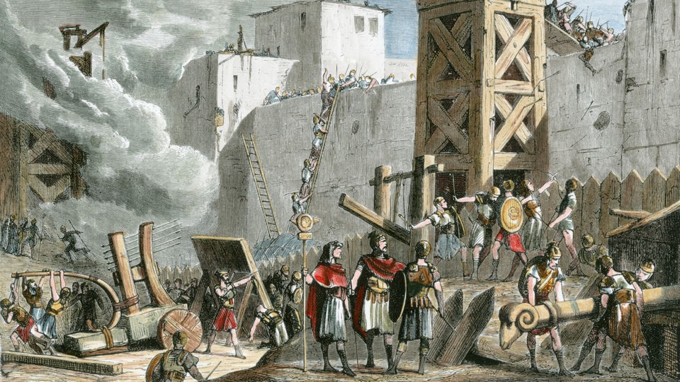 Ein alter Holzstich zeigt die Belagerung Jerusalems durch die Römer.