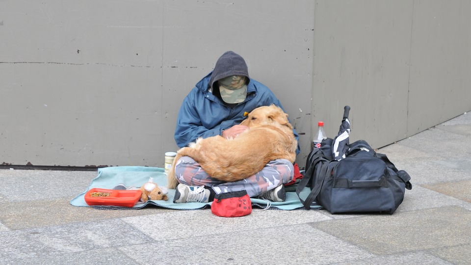 Obdachloser sitzt mit Hund auf Bürgersteig.