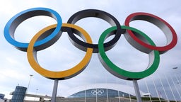 Olympische Ringe vor einem Stadion.