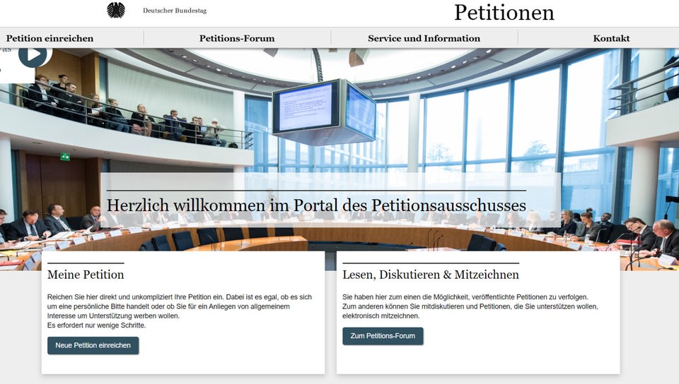 Screenshot aus dem Internetauftritt des Deutschen Bundestages - Portal des Petitionsauschusses.