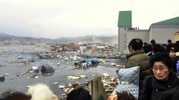 Japaner beobachten Trümmerteile, die während des Tsunamis im Meer treiben.