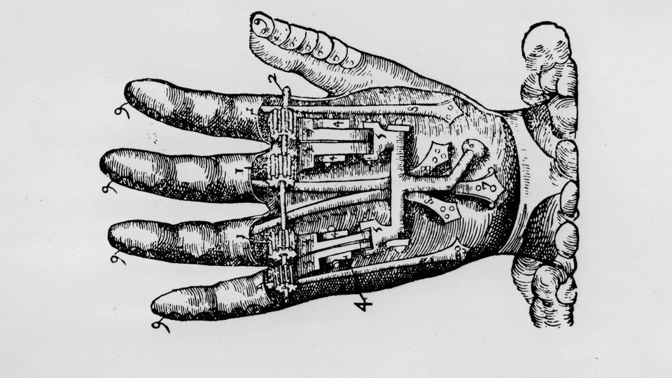 Zeichnung einer Handprothese, an der sich die einzelnen Finger über Zahnräder bewegen lassen. (1564)