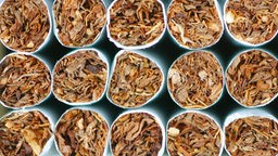 Viele Zigaretten zu einem Haufen gestapelt. Sicht frontal, so dass Tabak im Inneren zu sehen ist