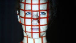 Ein Gesicht wird durch Scanner-Strahlen in kleine Quadrate eingeteilt.
