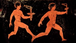 Zeichnung von zwei nackten Fackelläufern auf einer alten griechischen Vase, die etwa 400 Jahre vor Christus angefertigt wurde.