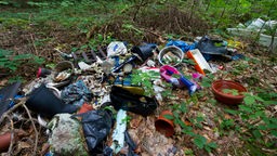 Illegal entsorgter Müll in einem Wald.