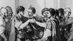 Altes Bild von einer Gruppe römischer Männer, die im Kreis stehen und reden.