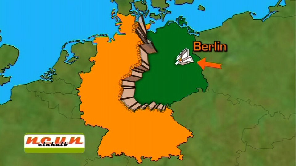 Karte von BRD und DDR mit Grenzverlauf und Berlin.