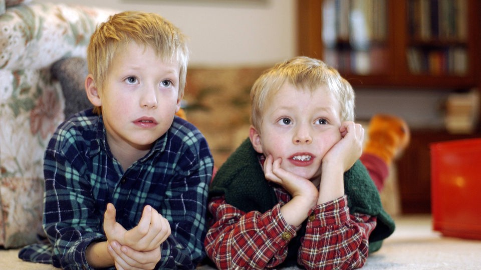 Zwei Jungen schauen fern.