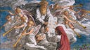 Zeichnung zeigt Gott, der aus dem Himmel eine Schrifttafel mit den zehn Geboten an Moses überreicht.