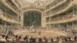 Zeichnung zeigt Reiter in Philip Astleys Amphitheater in London.