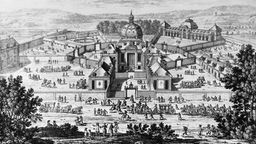 Zeichnung zeigt das Schloss Versailles im Jahr 1630 mit der Menagerie von Ludwig XIV.