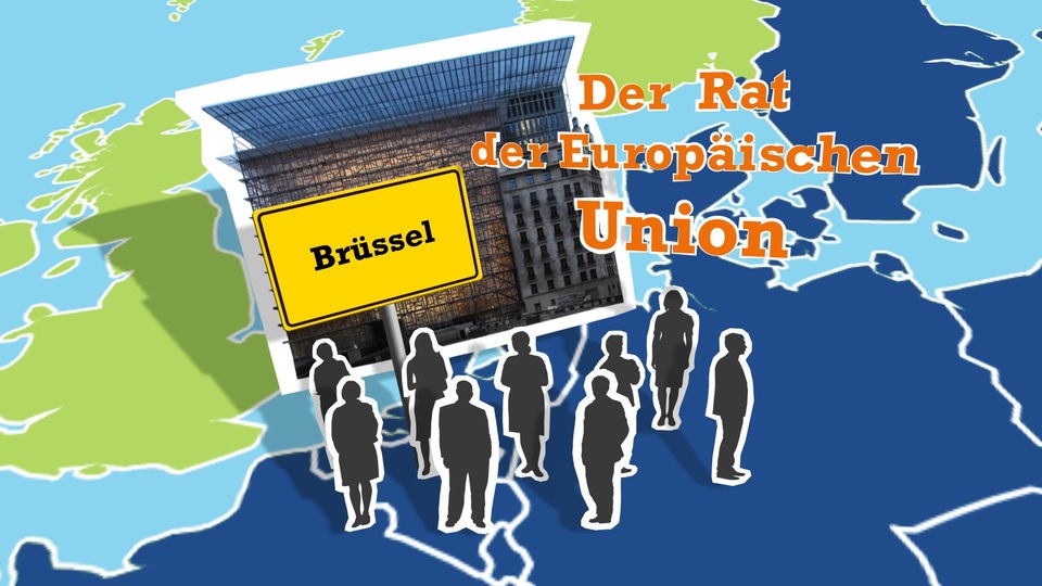 Auf einer Europakarte sind der Schriftzug „Der Rat der Europäischen Union“, das Europagebäude in Brüssel, die Silhouetten mehrerer Personen sowie ein Ortsschild mit der Aufschrift „Brüssel“ eingeblendet.