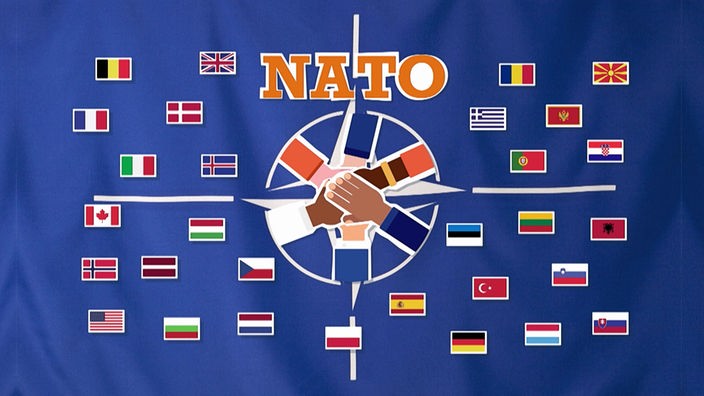 Grafik zeigt Logo der Nato und die Fahnen der Mitgliedsländer.