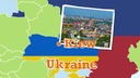 Karte zeigt Ukraine, Russland und ein Foto von Kiew.