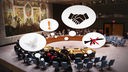 Treffen des UNO-Sicherheitsrates. Über dem Bild lieen Grafiken, die Friedenstaube, Händeschütteln, ein Ausrufezeichen und ein durchgestrichenes Gewehr zeigen.