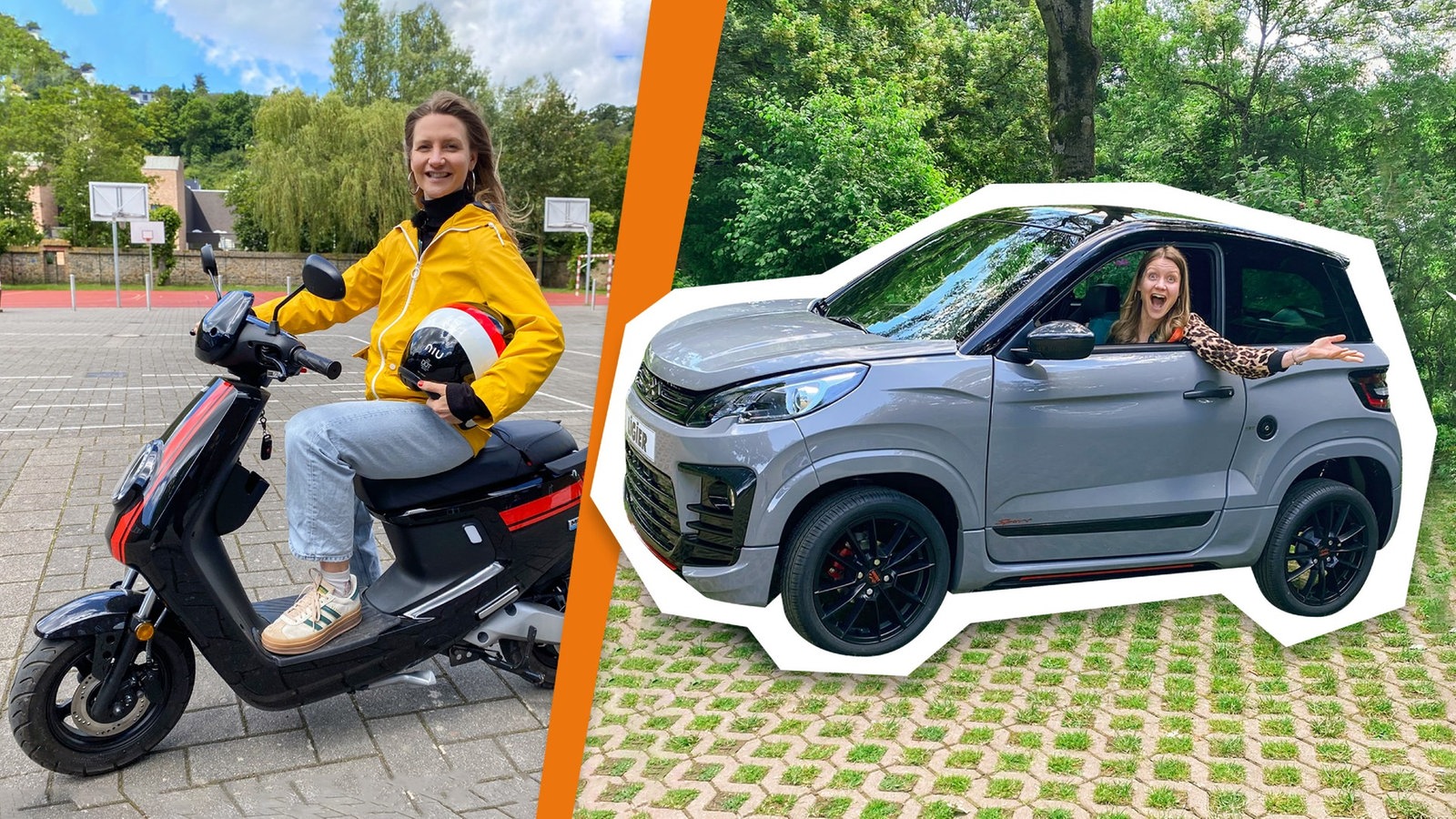 neuneinhalb-Reporterin Jana Forkel sitzt auf einem E-Mofa. Neben ihr im Splitscreen ist ein Microcar zu sehen.