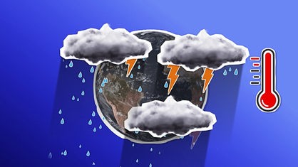 Grafik zeigt Regenwolken vor der Erdkugel, daneben Thermometer, dass Hitze anzeigt.