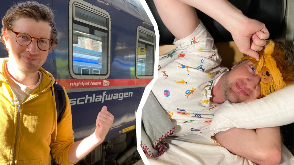 Zwei Fotos nebeneinander: Links im Bild: Reporter Robert steht vor einem Zug. Rechts im Bild: Robert liegt mit einer Plüsch-Schlafmaske auf den Augen im Nachtzug.