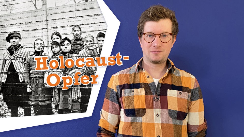 Reporter Robert vor blauem Hintergrund. Im Split s/w Foto von Kindern im Konzentrationslager. Eingeblendet Typo „Holocaust-Opfer“.