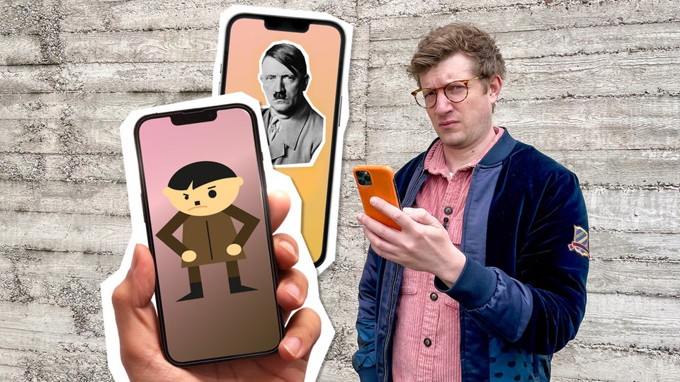 Robert hält sein Smartphone in der Hand und schaut skeptisch in die Kamera. Links neben ihm sind zwei Smartphones eingeblendet, auf dem einen Display ist ein Foto von Adolf Hitler zu sehen, auf dem anderen eine grafische Darstellung von ihm.