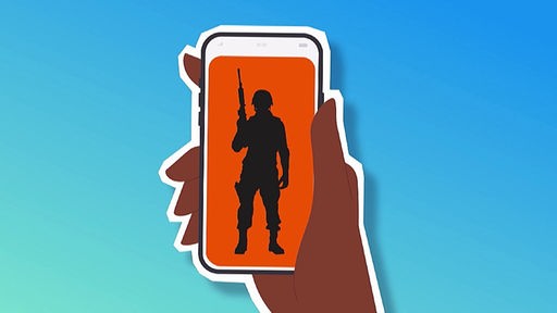 Grafik zeigt eine Hand, die ein Handy hält. Auf dem Bildschirm ist der Umriss eines bewaffneten Soldaten.