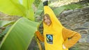 Jana steht neben einer Bananenpflanze. Sie steckt in einem Bananen-Ganzkörper-Kostüm.