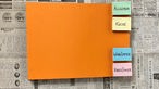 Orangene Pappe liegt auf Zeitungspapier, an der rechten Seite kleben Streichholzschachteln mit der Aufschrift Allgemein, Küche, Kinderzimmer und Wohnzimmer.