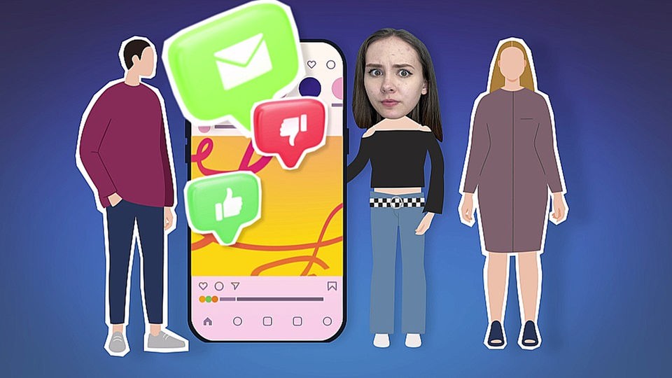 Grafik zeigt Mädchen neben riesigem Smartphone, rechts und links von ihr stehen ein Mann und eine Frau.