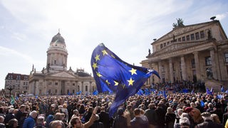 Demonstranten schwenken die blaue EU-Fahne mit gelben Sternen