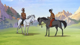 Zwei Indianer sitzen auf ihren Pferden und unterhalten sich.