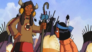 Yakari spricht mit einem Indianer.