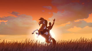 Ein Indianer grüßt von seinem Pferd im Schein der untergehenden Sonne.